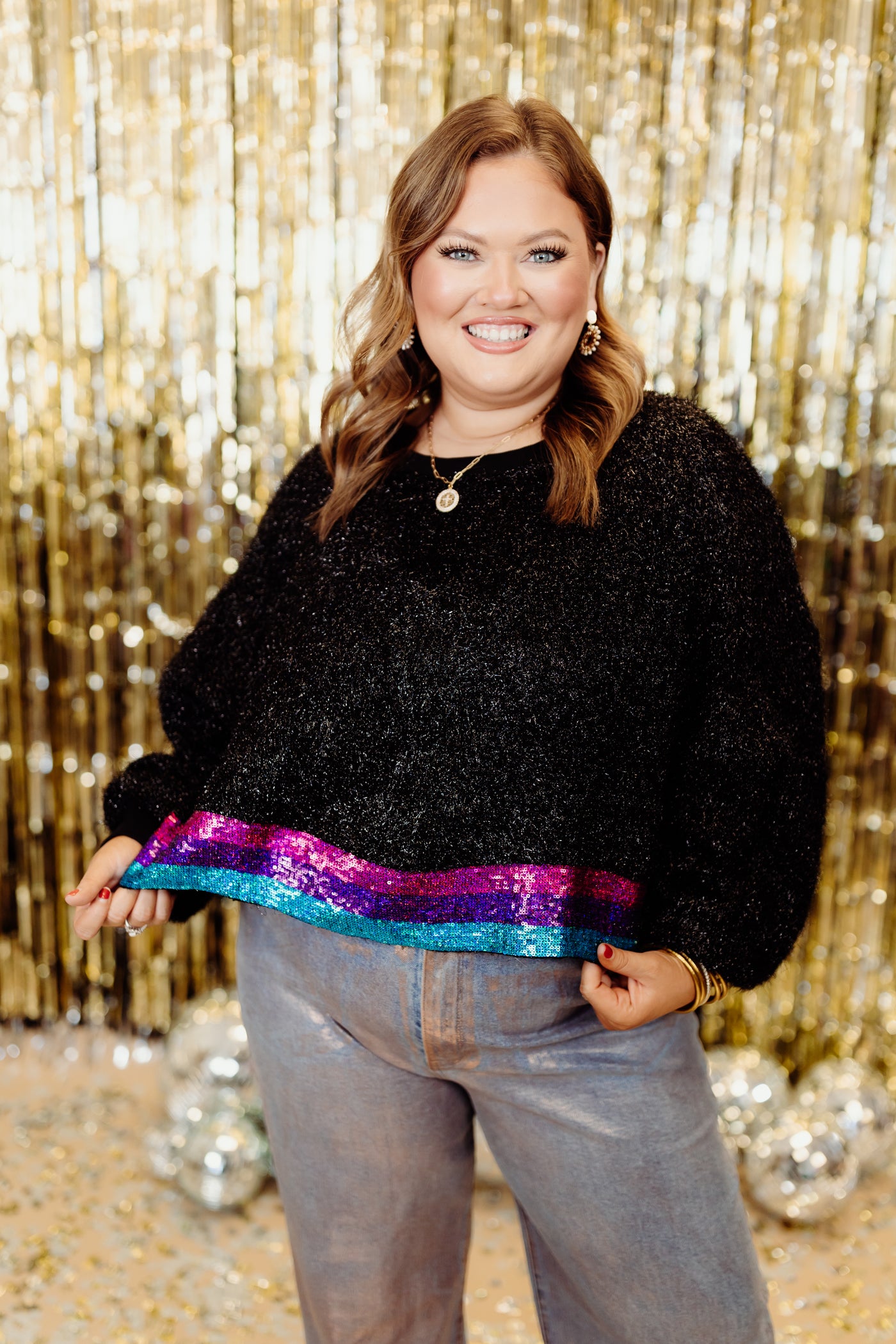 Black Metallic Multicolor Sequin Hem Sweater