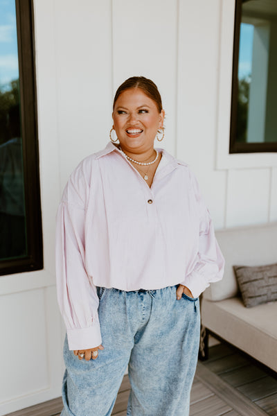 Taupe Long Sleeve Pinstripe Button Detail Blouse