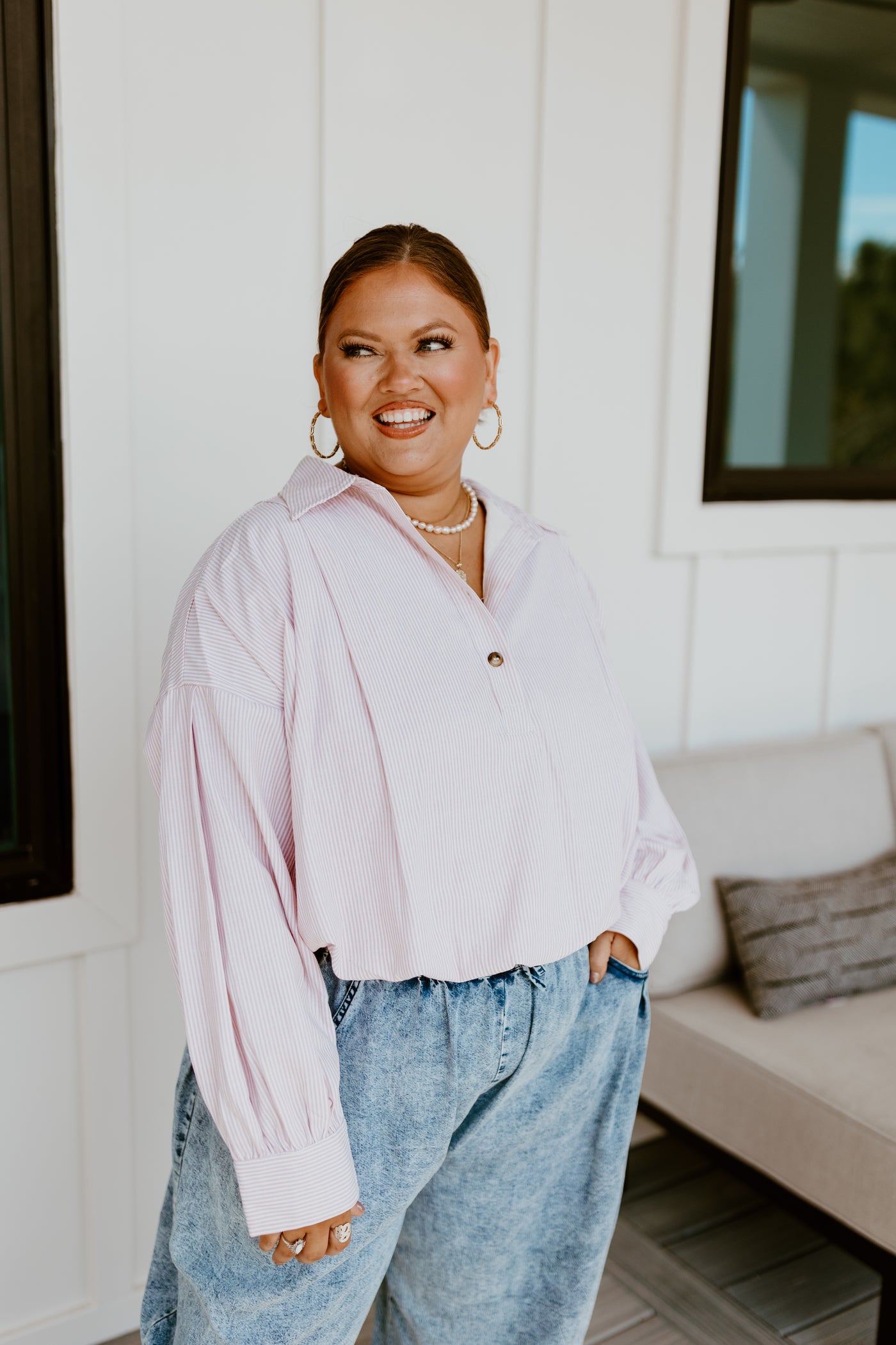 Taupe Long Sleeve Pinstripe Button Detail Blouse