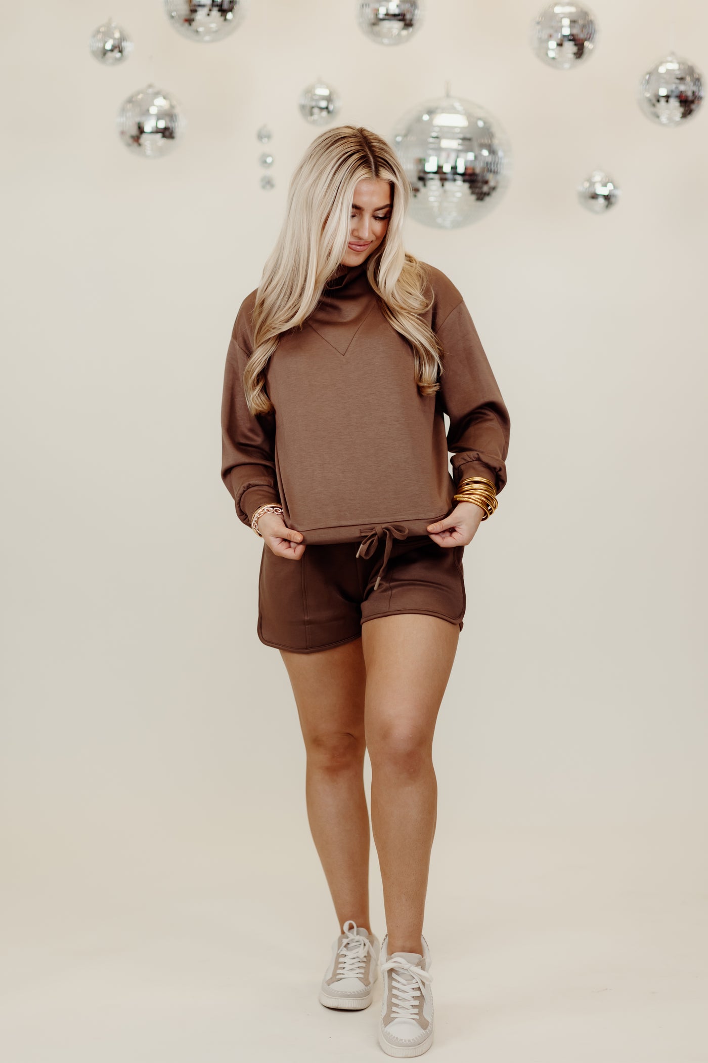 Brown Cowl Neck Pullover and Elastic Waist Short Set