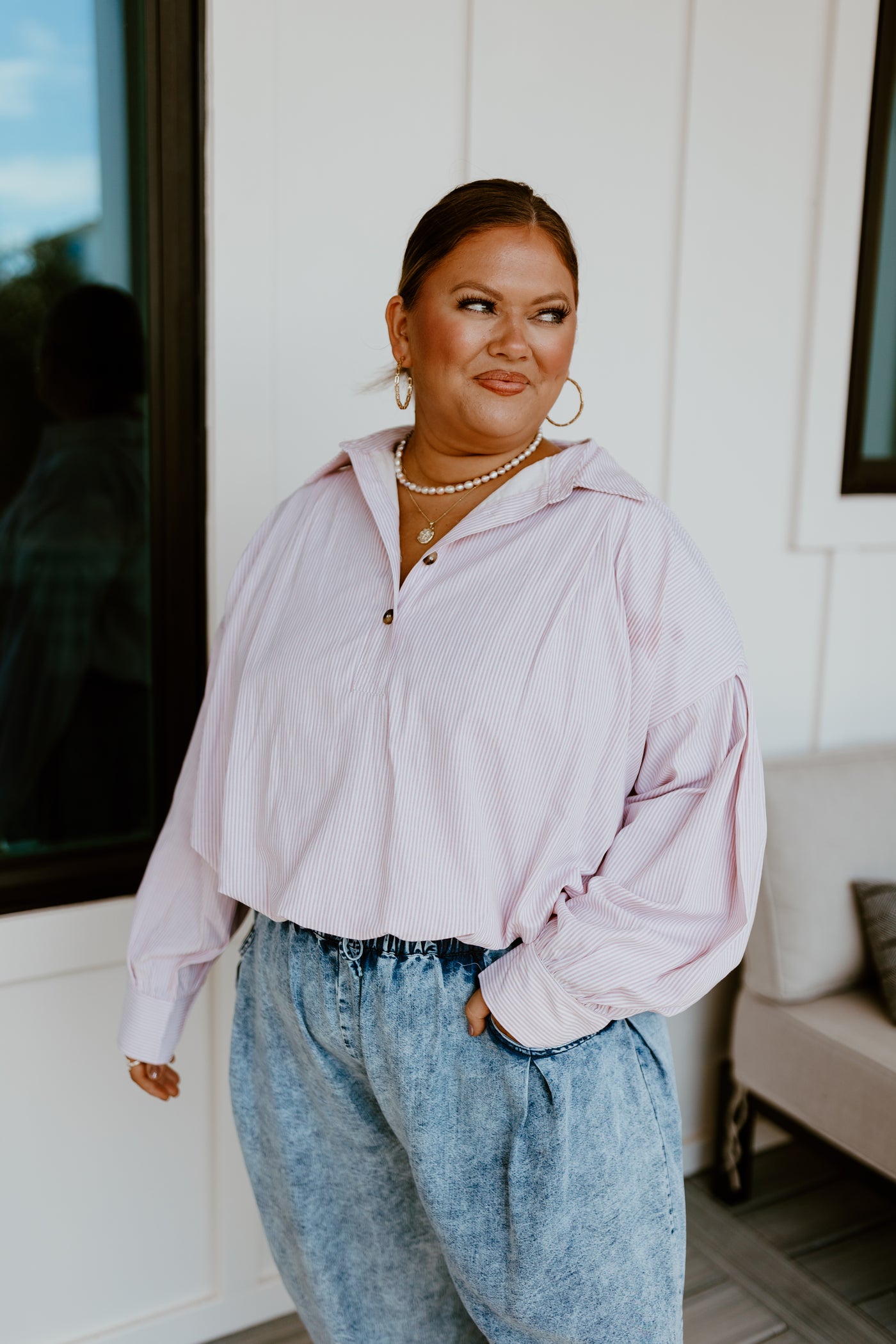 Taupe Long Sleeve Pinstripe Button Detail Blouse