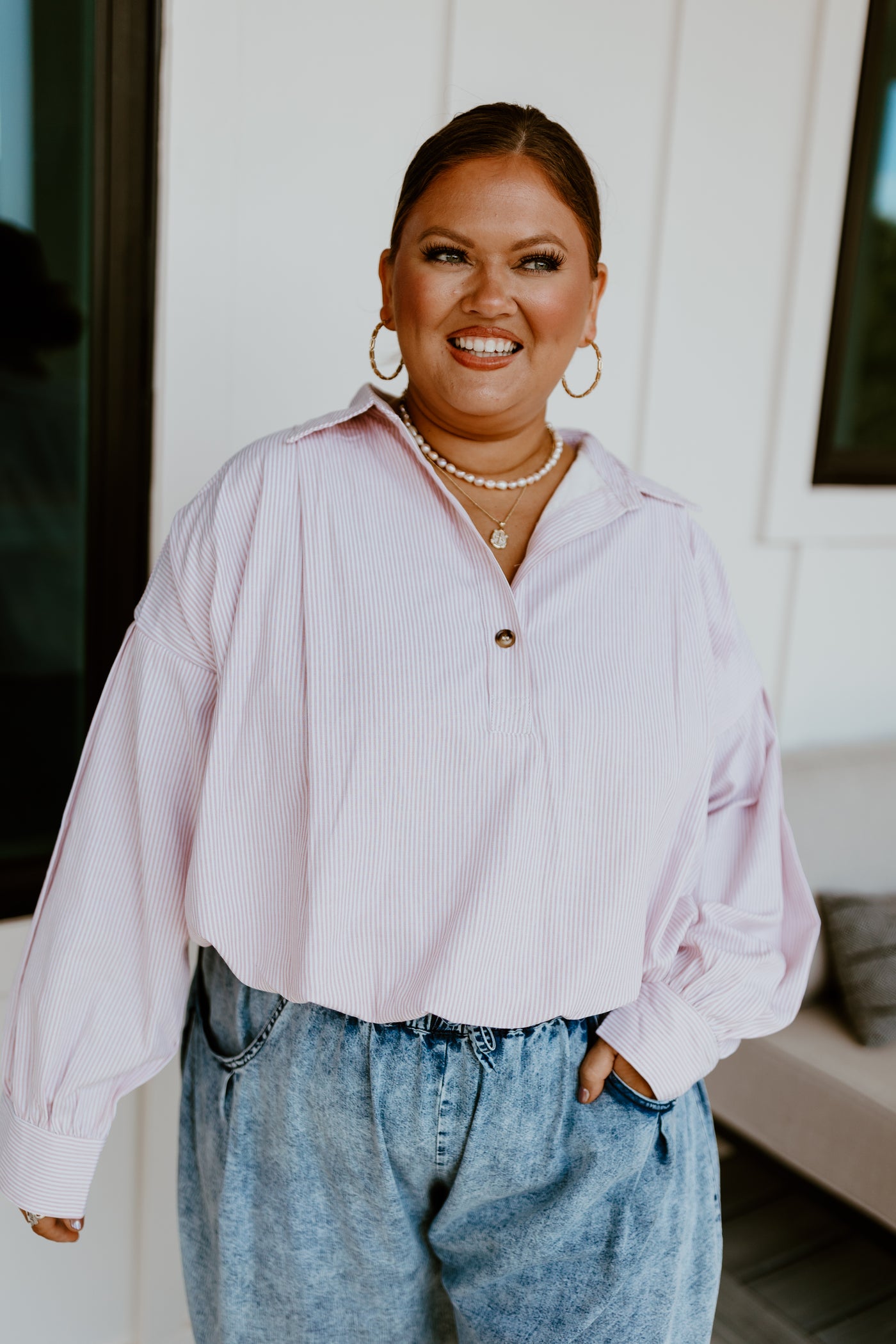 Taupe Long Sleeve Pinstripe Button Detail Blouse