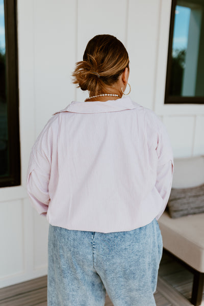 Taupe Long Sleeve Pinstripe Button Detail Blouse