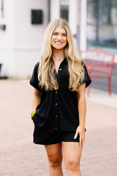 Black Textured Button Down and Short Set