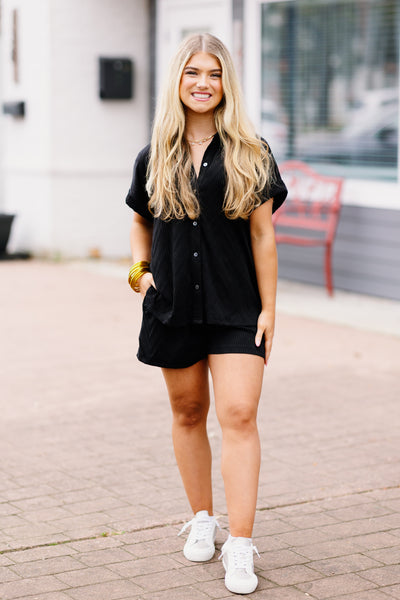 Black Textured Button Down and Short Set