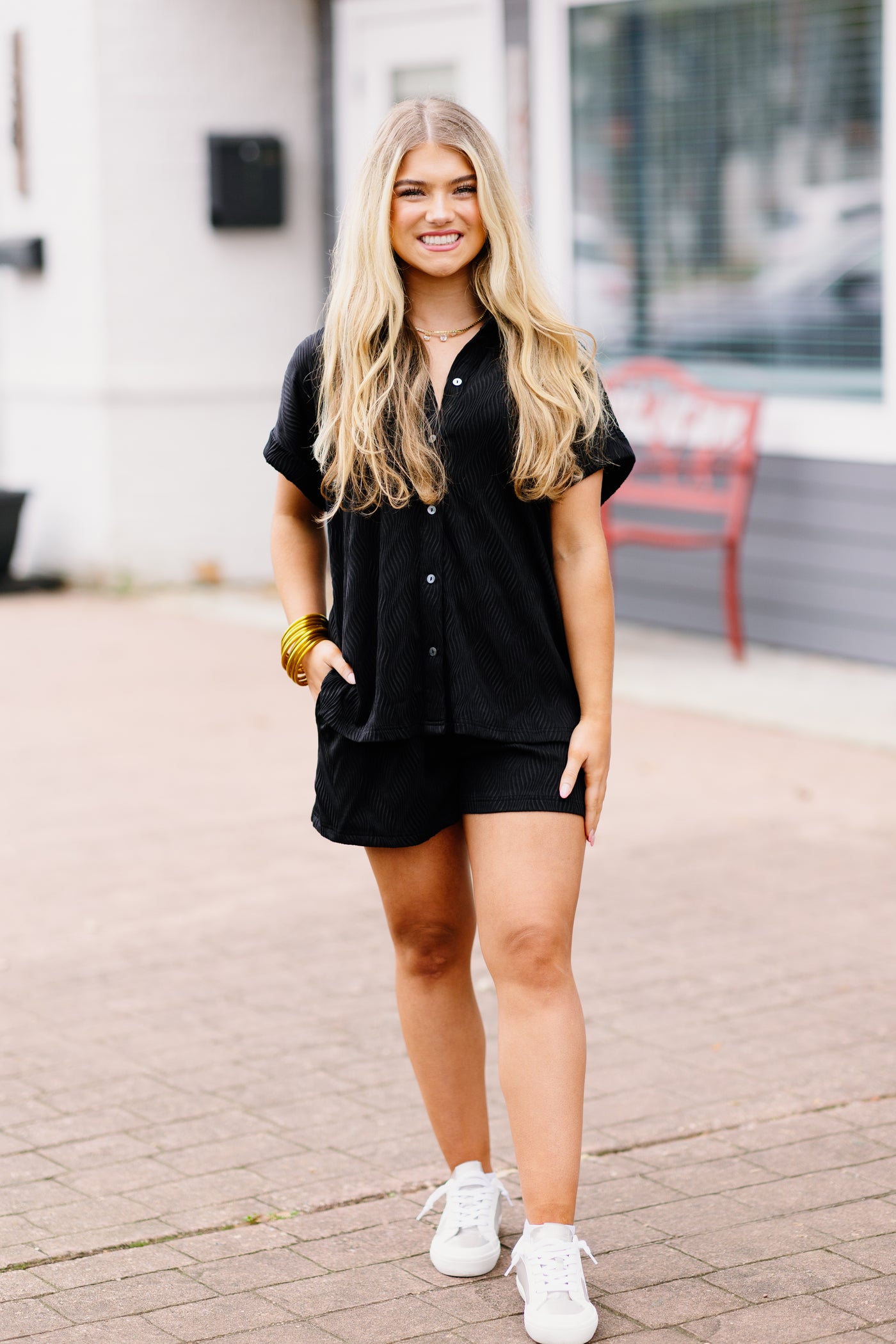 Black Textured Button Down and Short Set