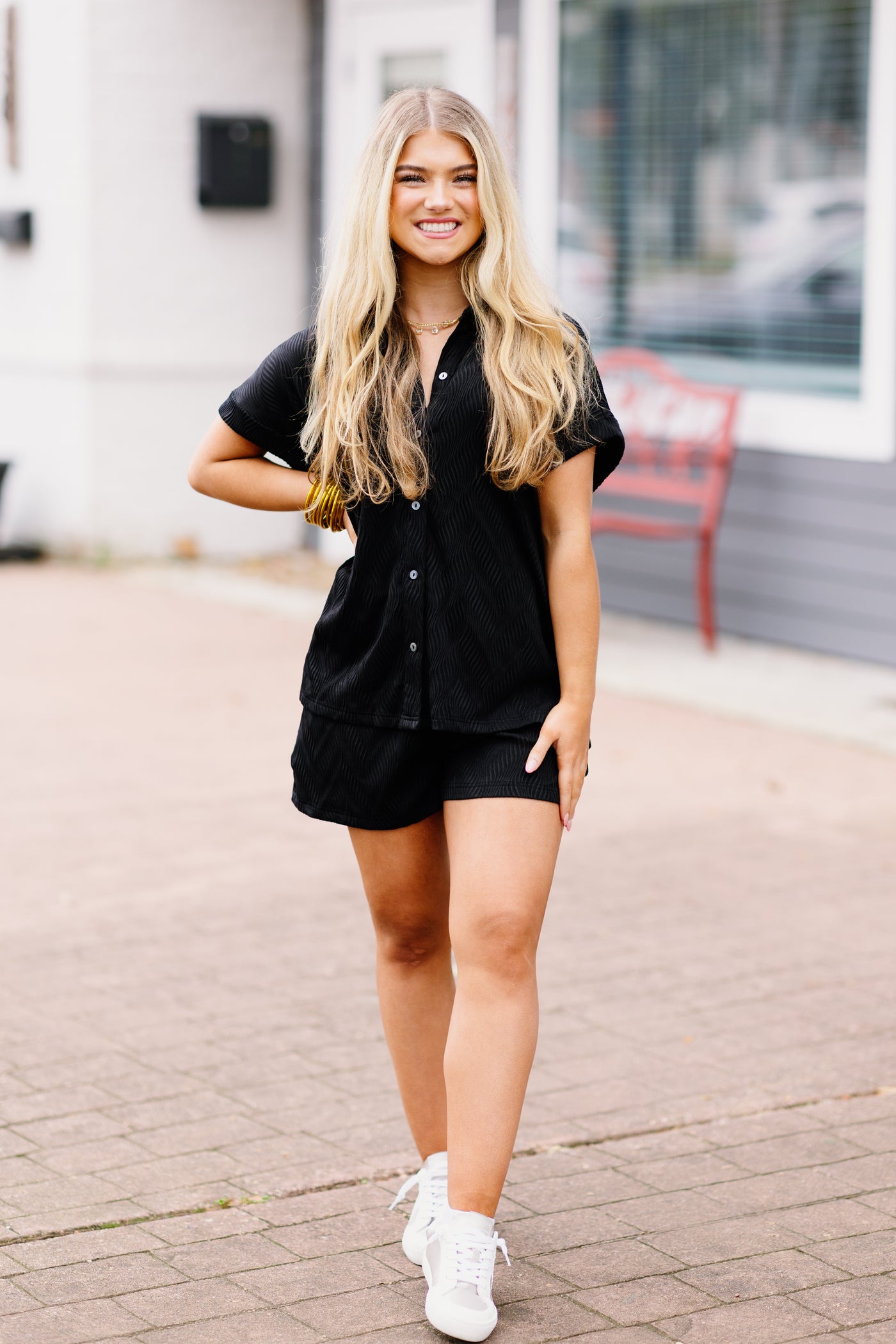 Black Textured Button Down and Short Set