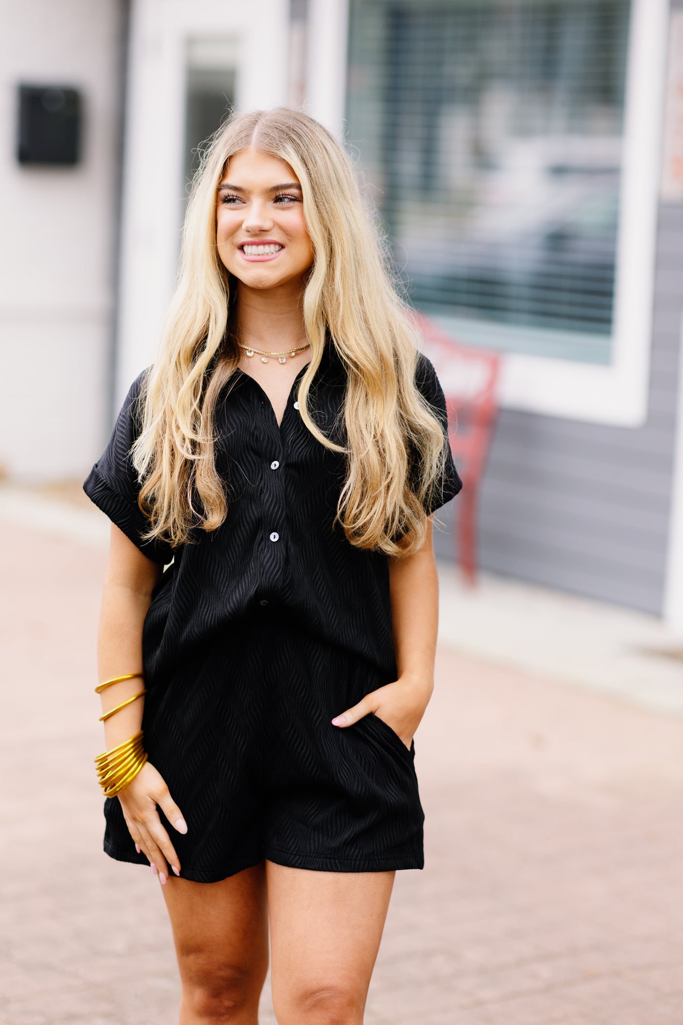 Black Textured Button Down and Short Set