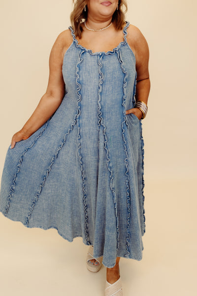 Blue Wash Ruffle Seam Detail Maxi Dress