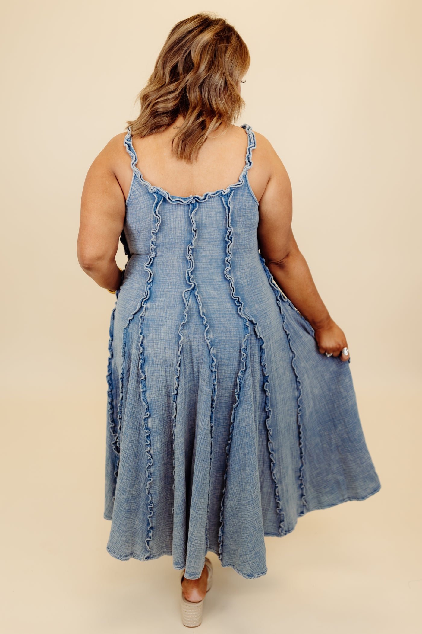 Blue Wash Ruffle Seam Detail Maxi Dress