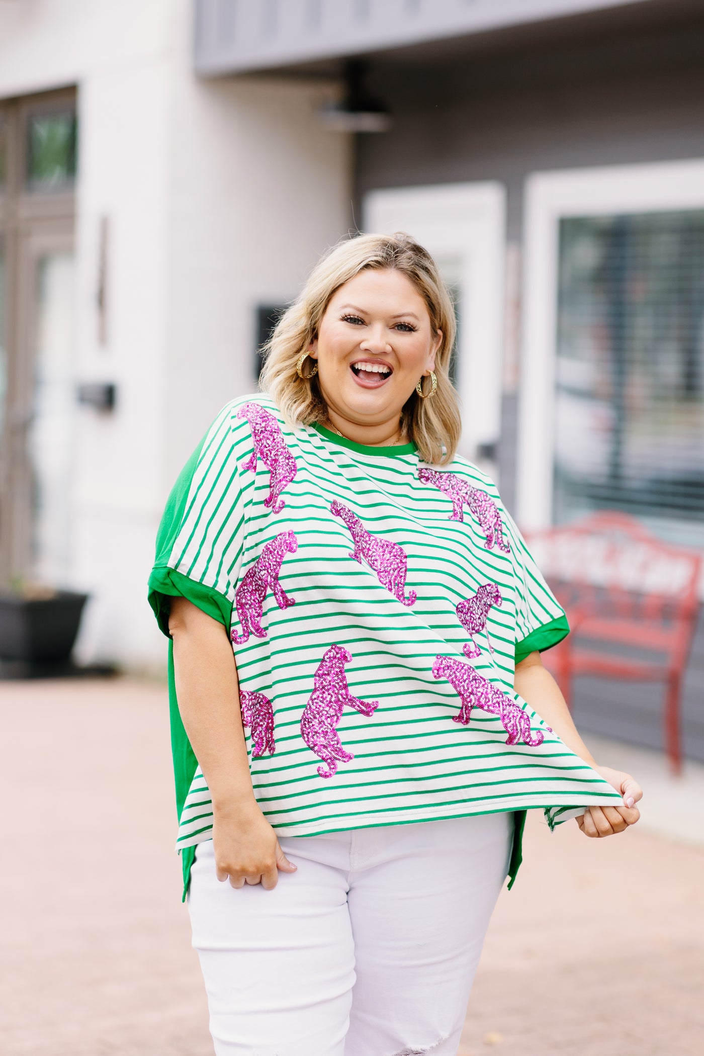 Green Striped Pink Leopard Sequin Tee