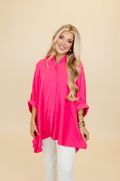 Hot Pink Oversized Puff Sleeve Button Down Blouse