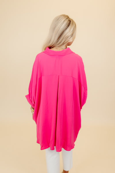 Hot Pink Oversized Puff Sleeve Button Down Blouse