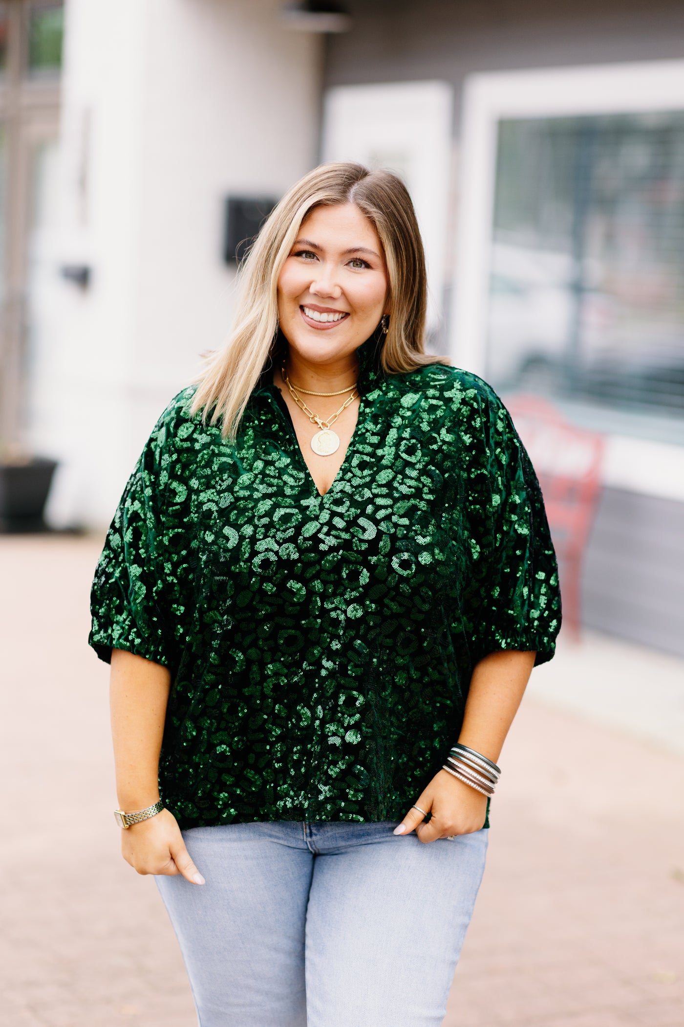 Emily McCarthy Poppy Top in Green Sequin Cheetah