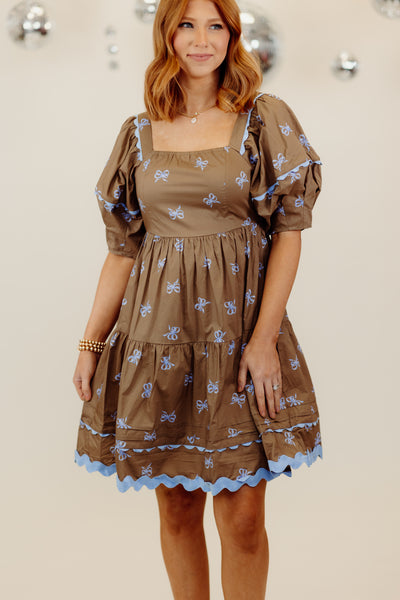 Coffee Tiered Ric Rac Bow Dress