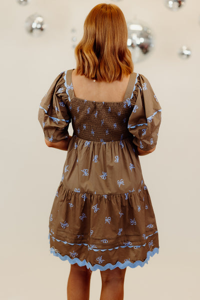 Coffee Tiered Ric Rac Bow Dress