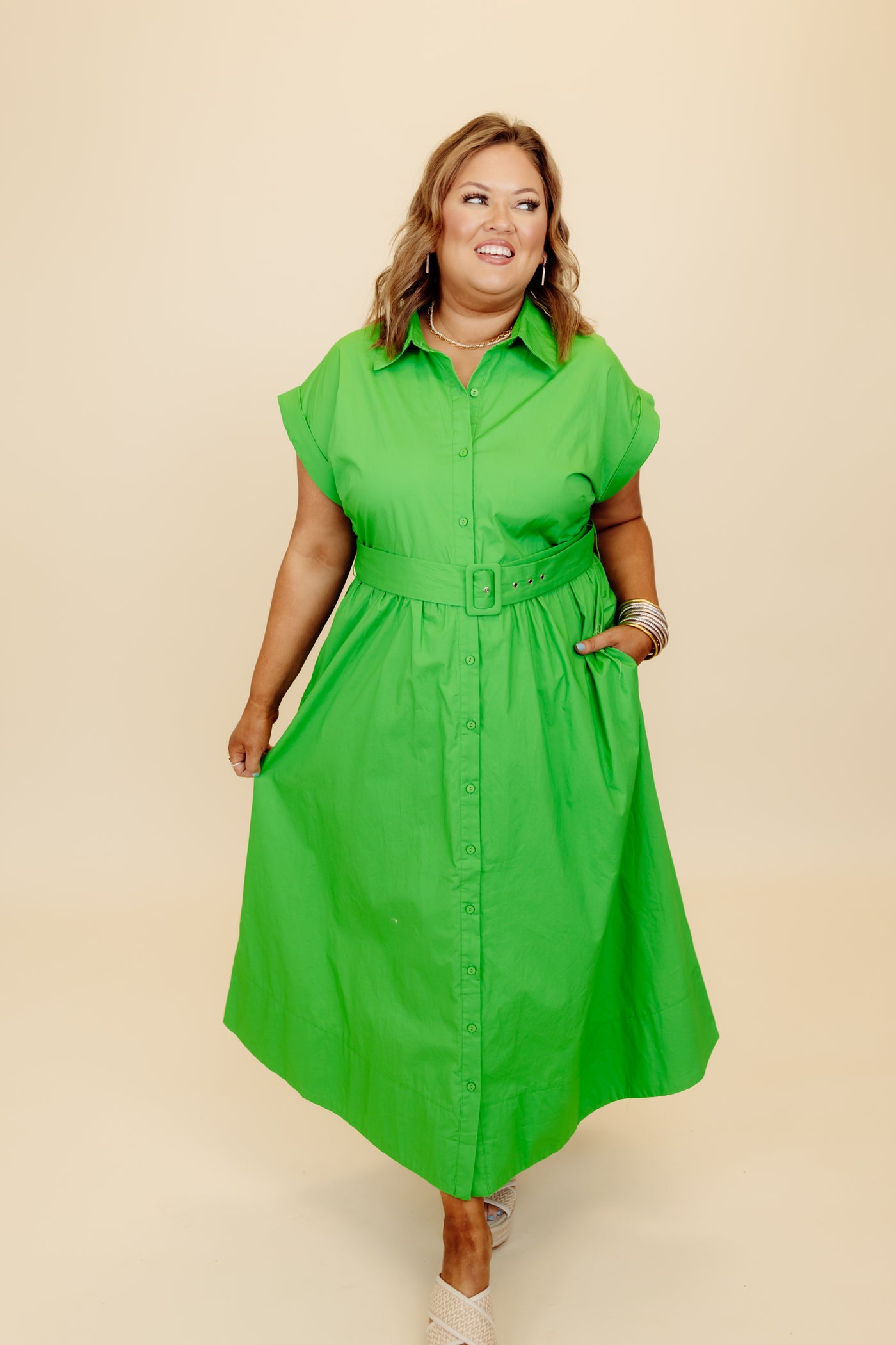 Green Button Down Belted Midi Dress
