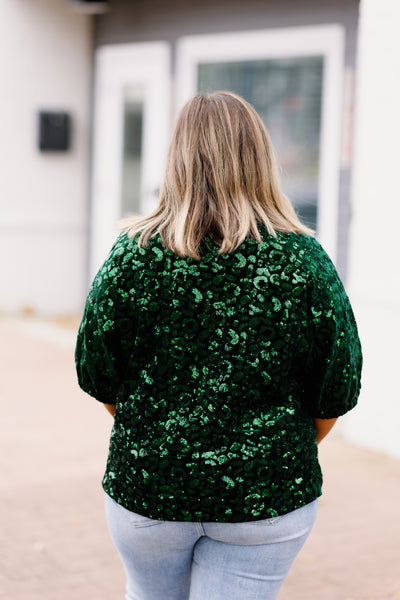 Emily McCarthy Poppy Top in Green Sequin Cheetah