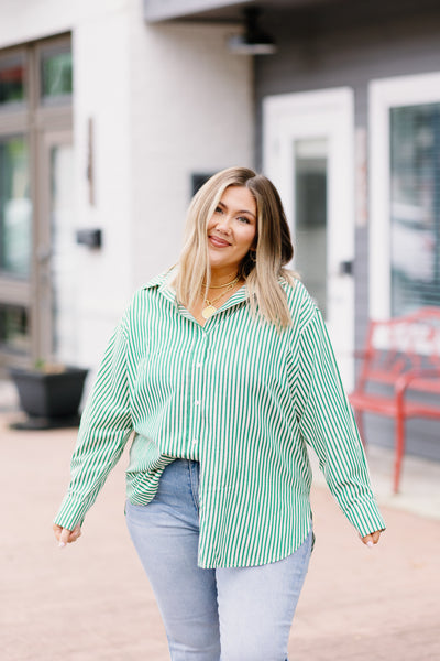 Green Striped Oversized Button Down Top