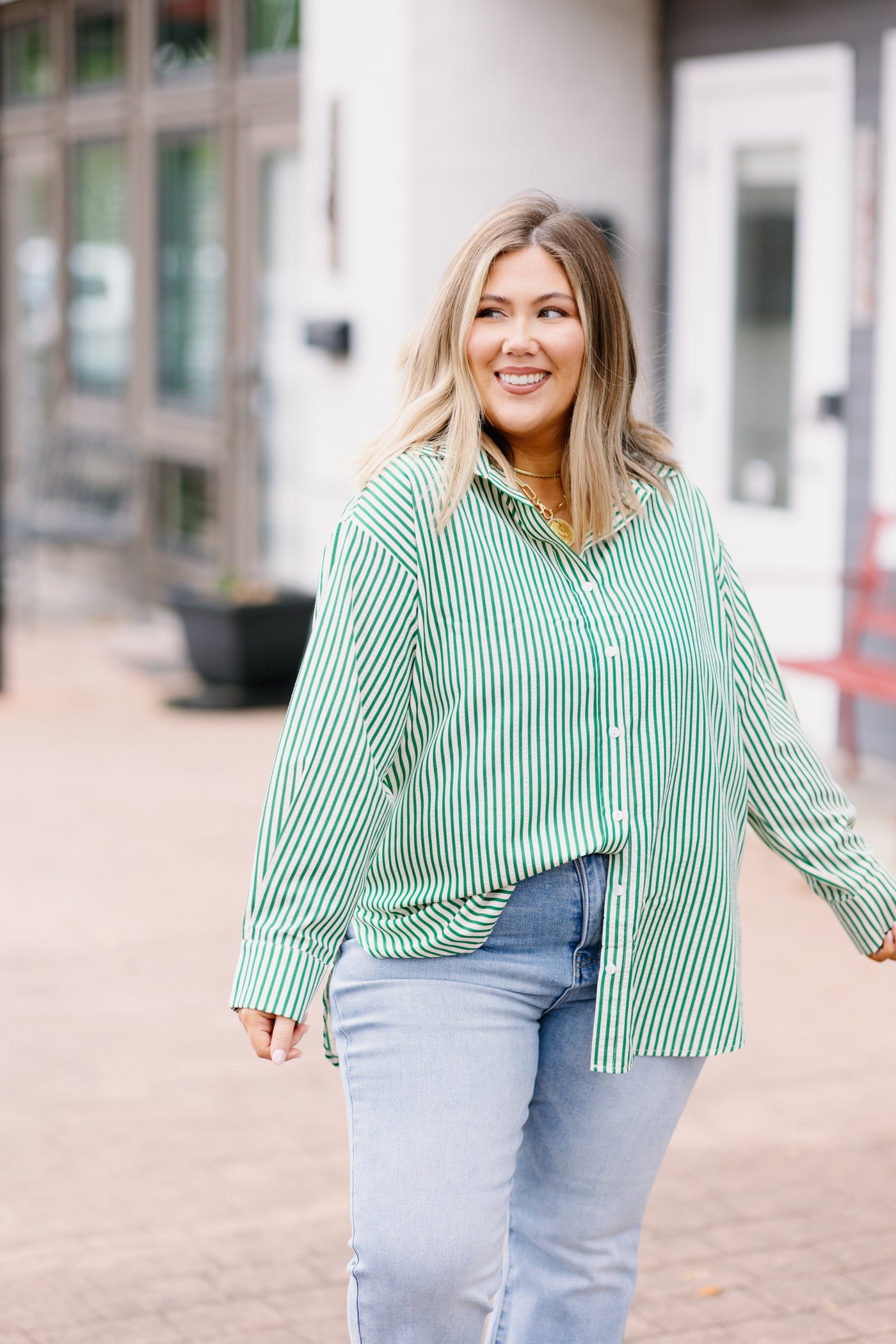 Green Striped Oversized Button Down Top