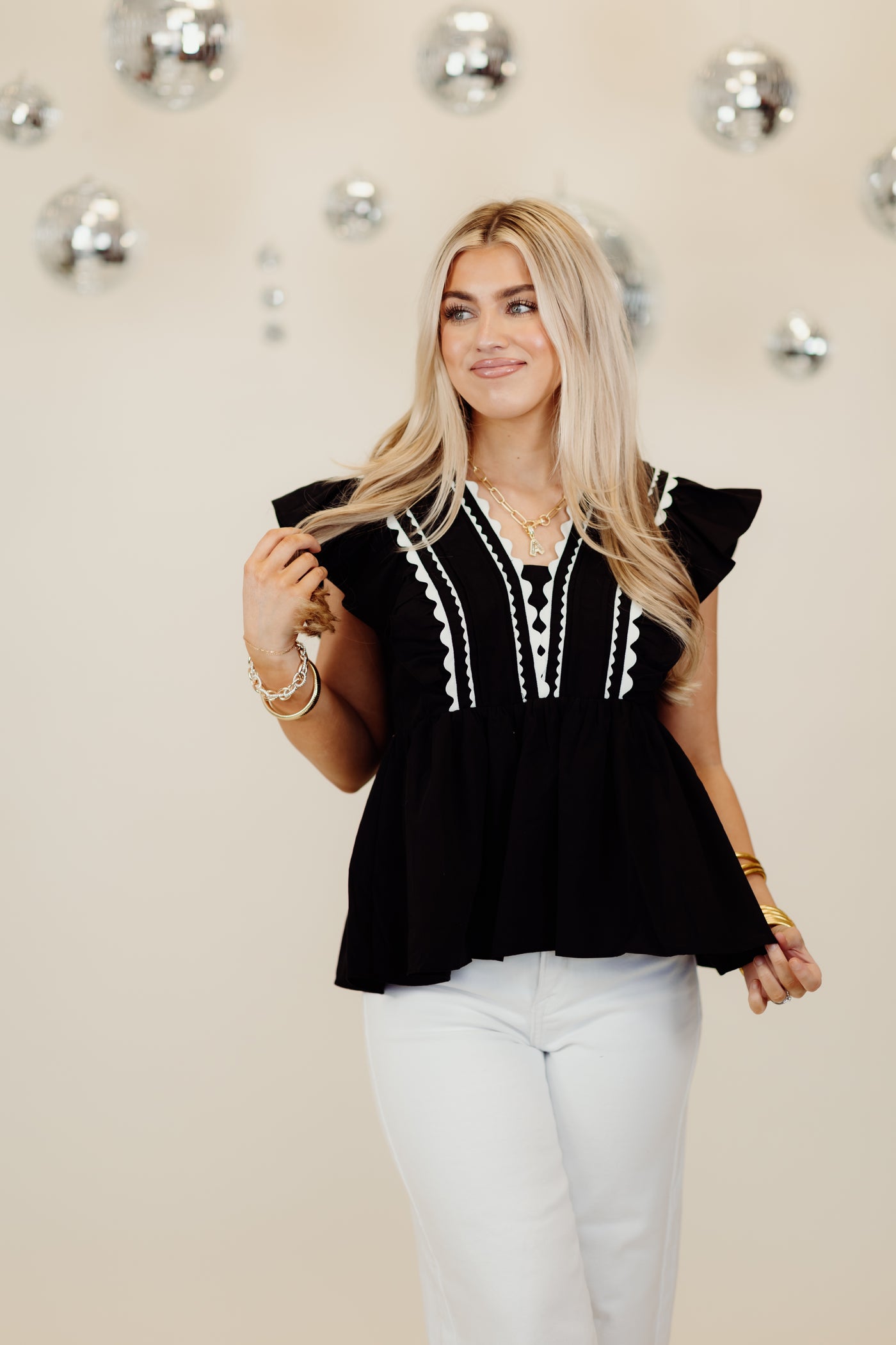 Black Flutter Sleeve Scallop Detail Blouse