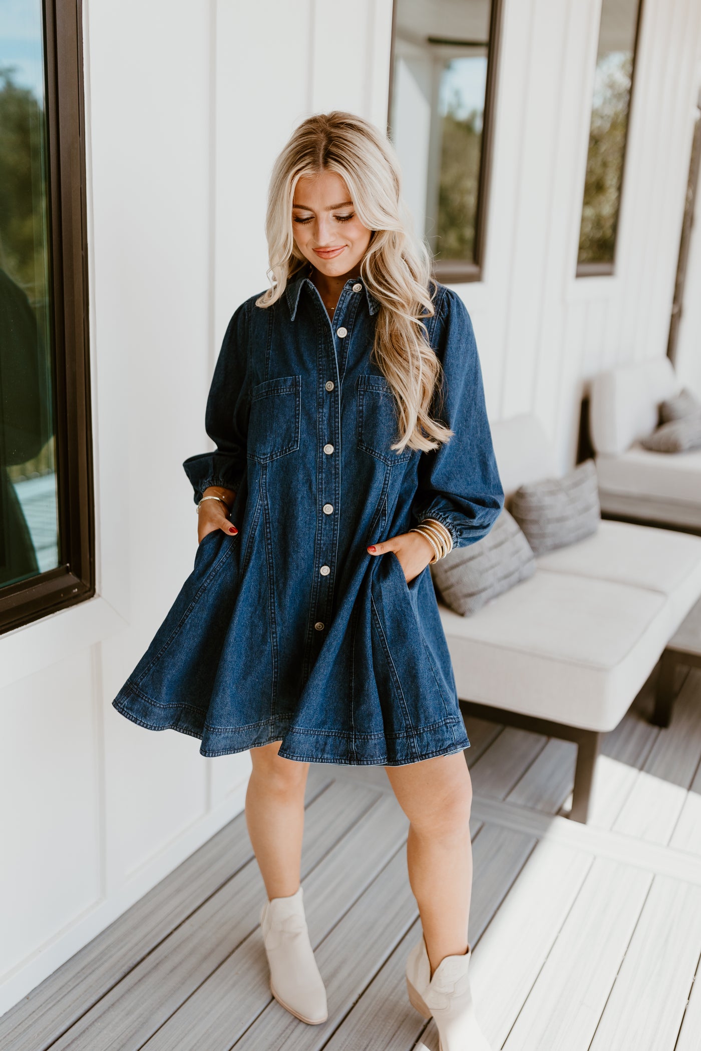 Dark Denim Collared Button Up Pocket Dress