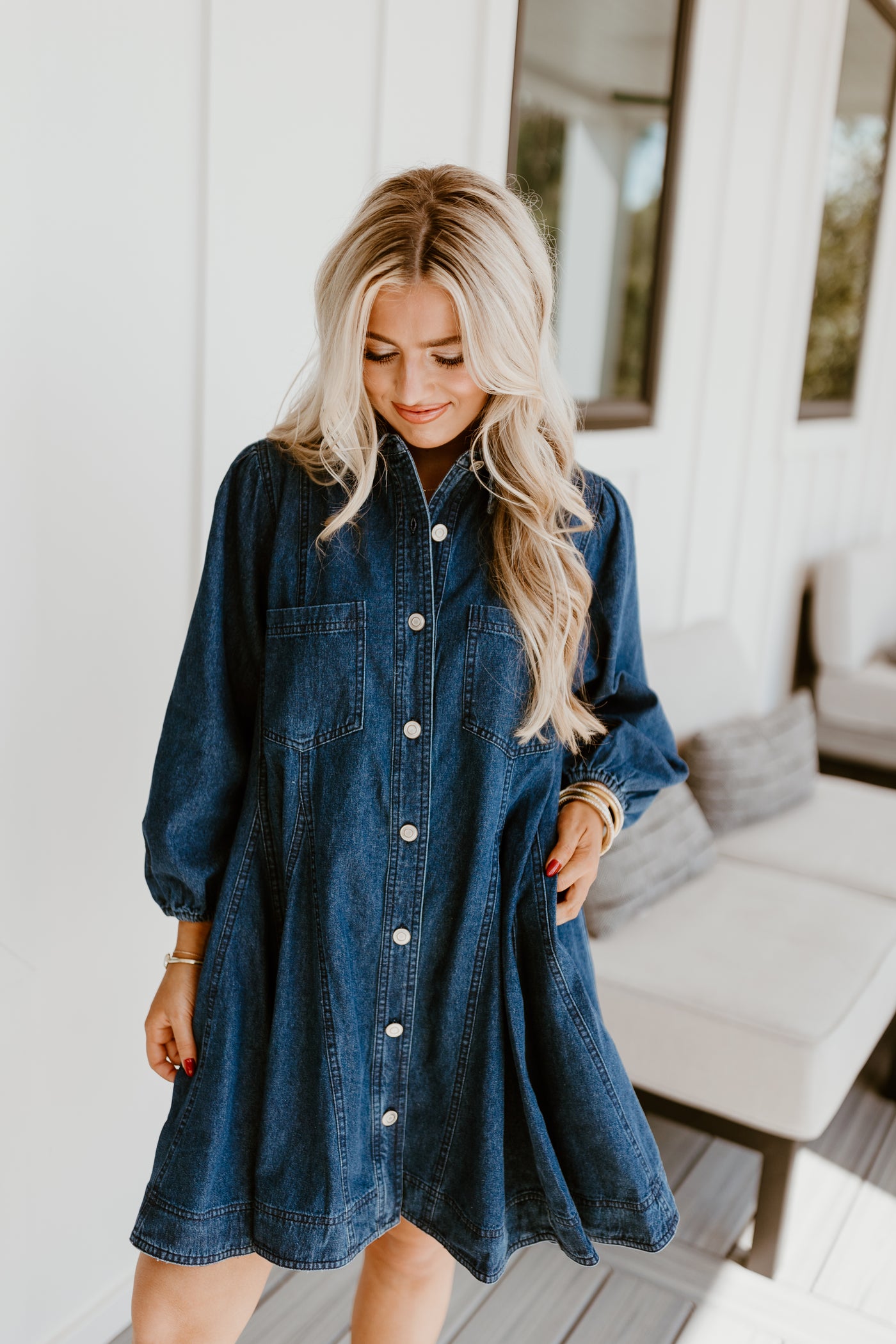 Dark Denim Collared Button Up Pocket Dress