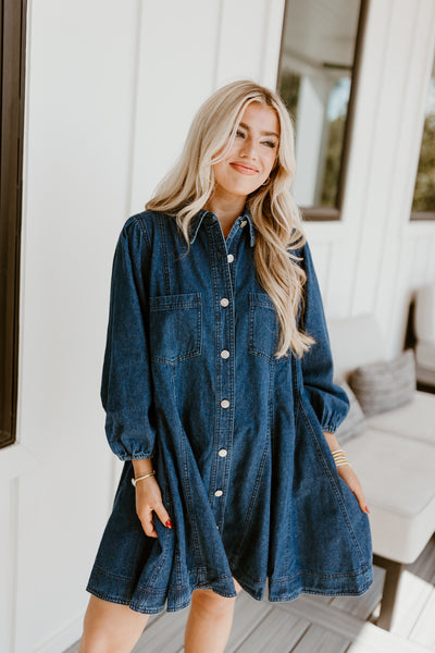 Dark Denim Collared Button Up Pocket Dress