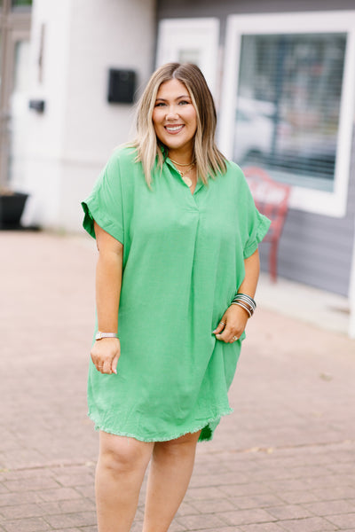 Umgee Lime Green Linen V-Neck Collared Dress with High Low Frayed Hem