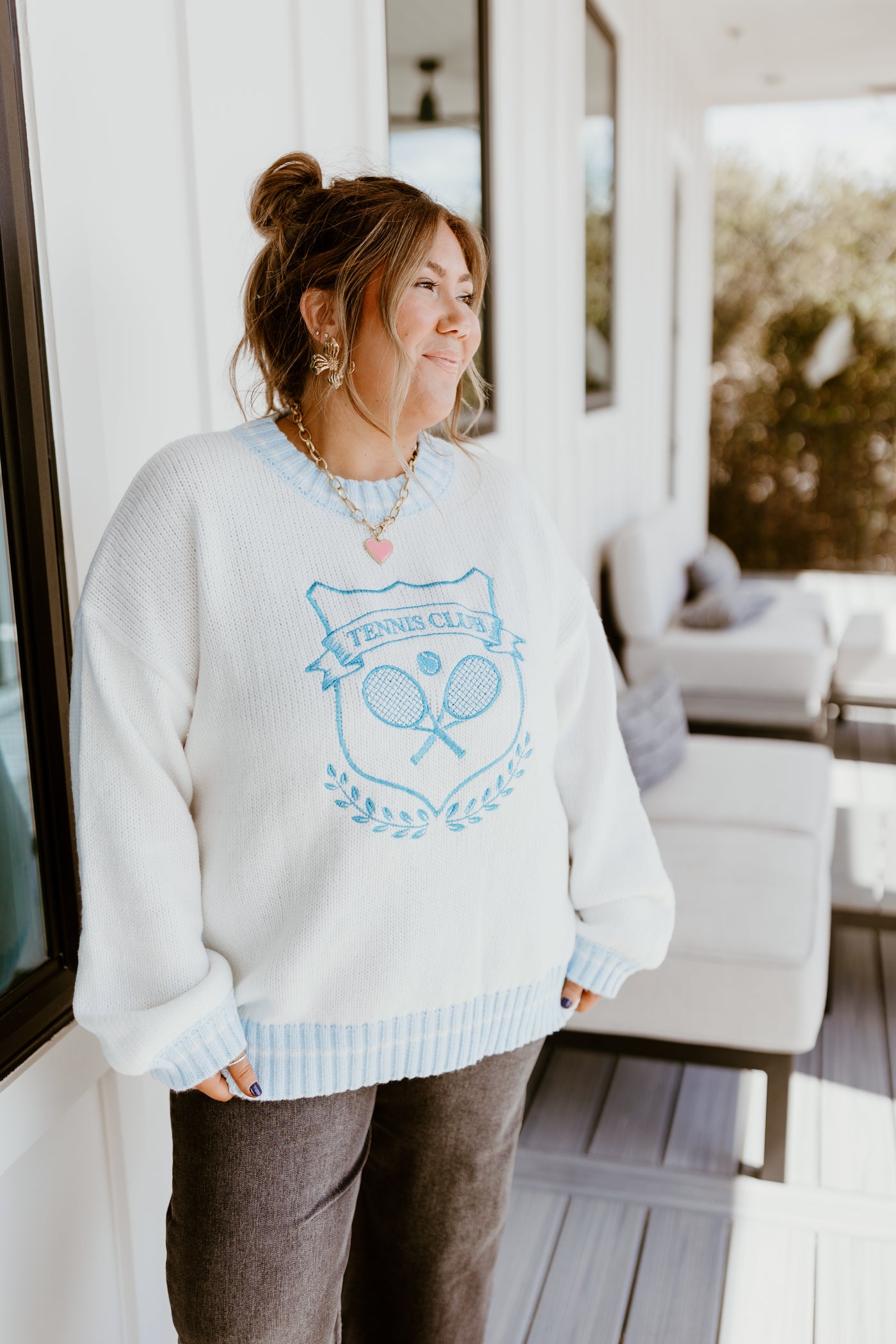 White Tennis Club Embroidered Round Neck Sweater