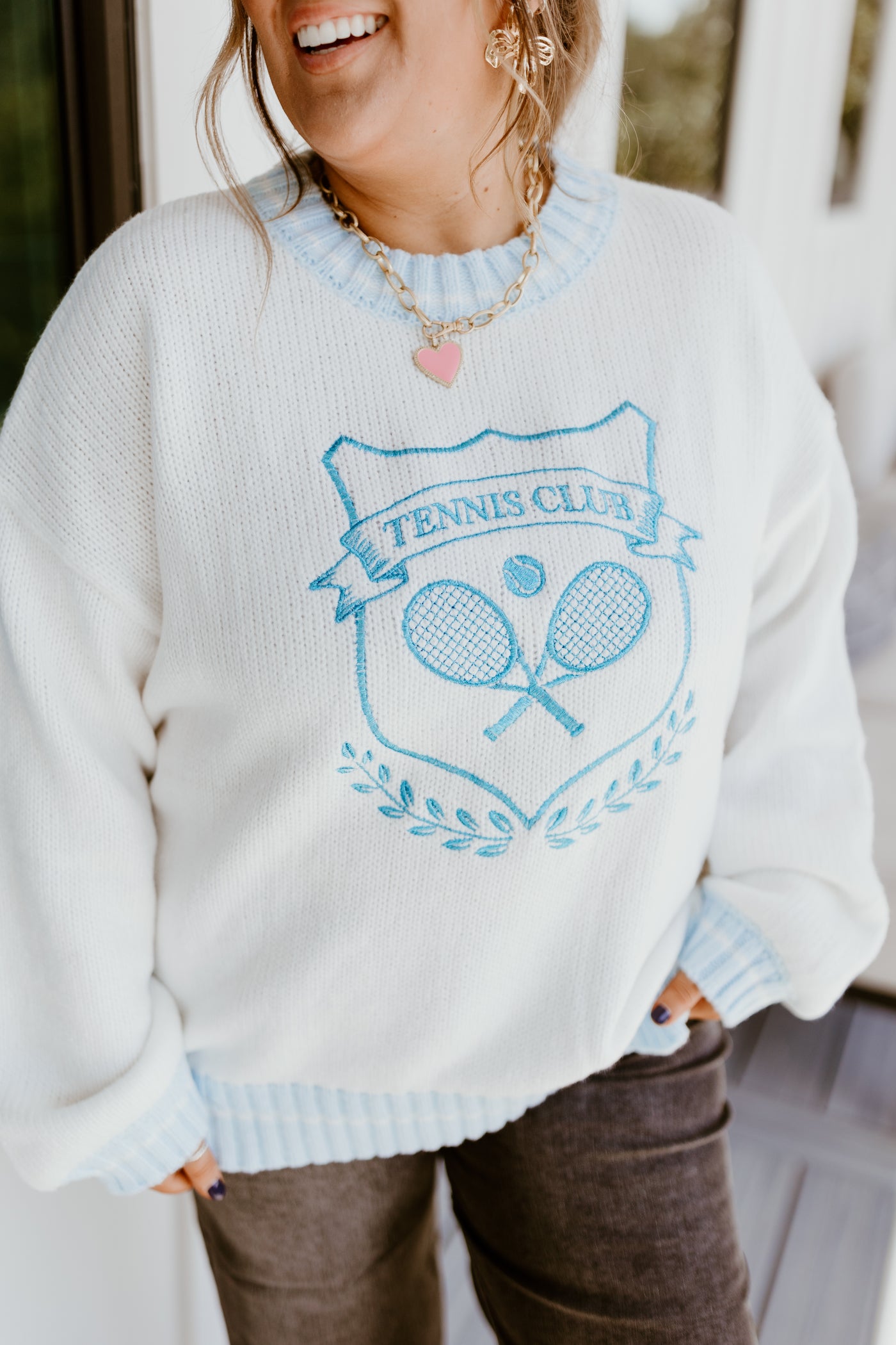 White Tennis Club Embroidered Round Neck Sweater