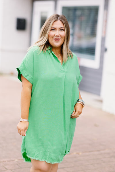 Umgee Lime Green Linen V-Neck Collared Dress with High Low Frayed Hem