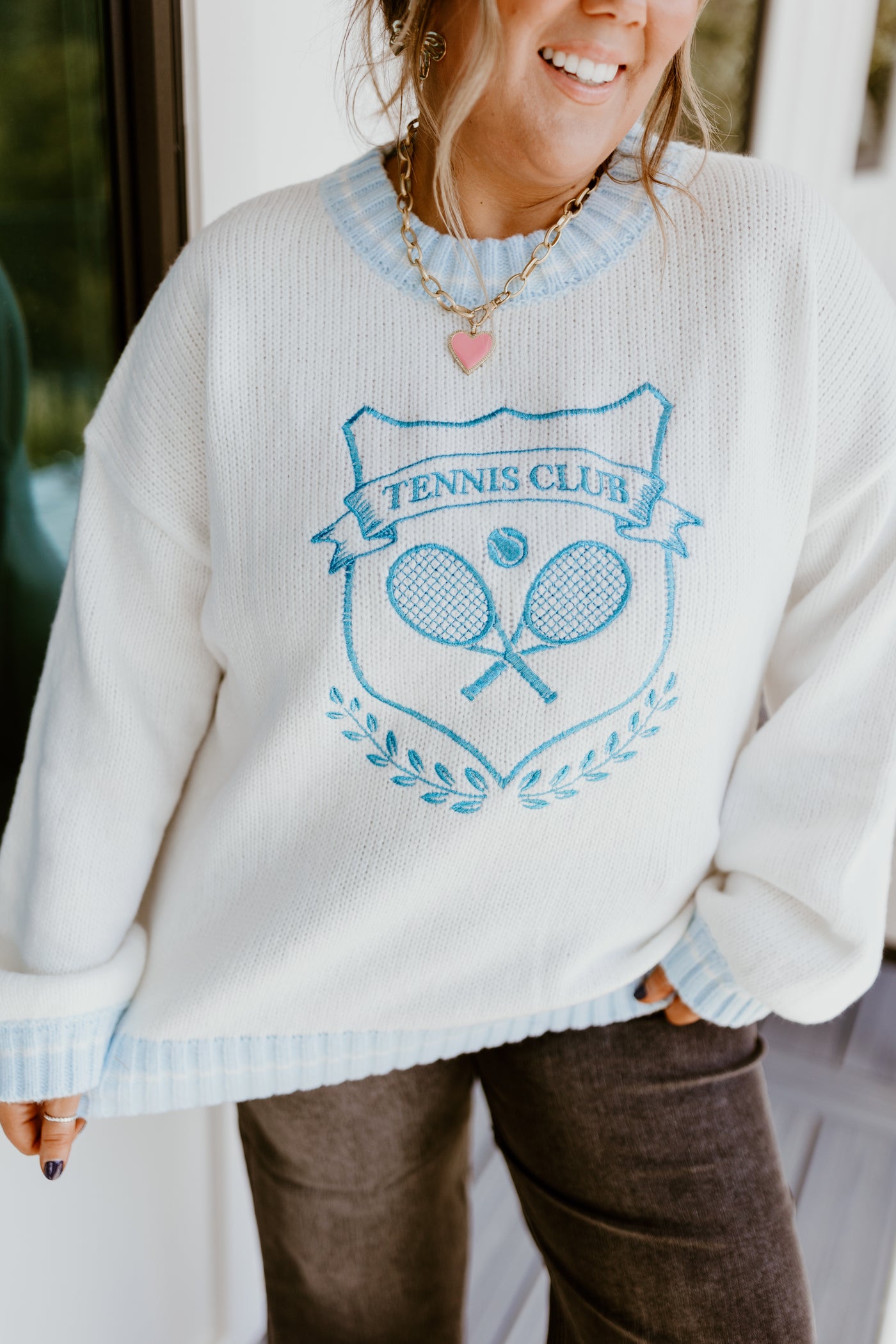 White Tennis Club Embroidered Round Neck Sweater