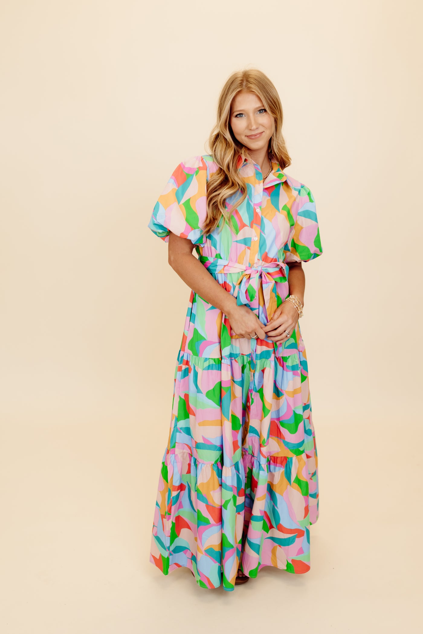 Multicolor Printed Belted Puff Sleeve Maxi Dress