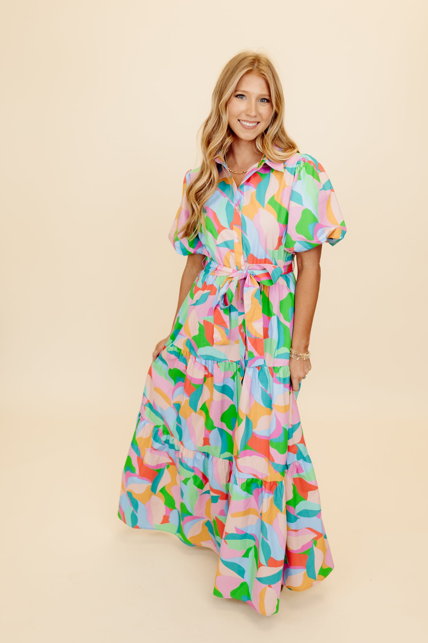 Multicolor Printed Belted Puff Sleeve Maxi Dress