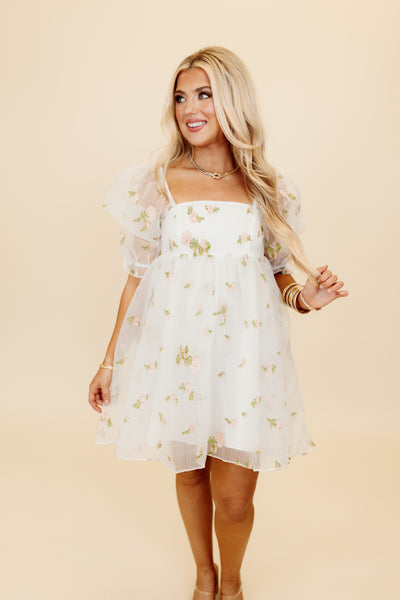 White and Pink Floral Embroidered Baby Doll Dress