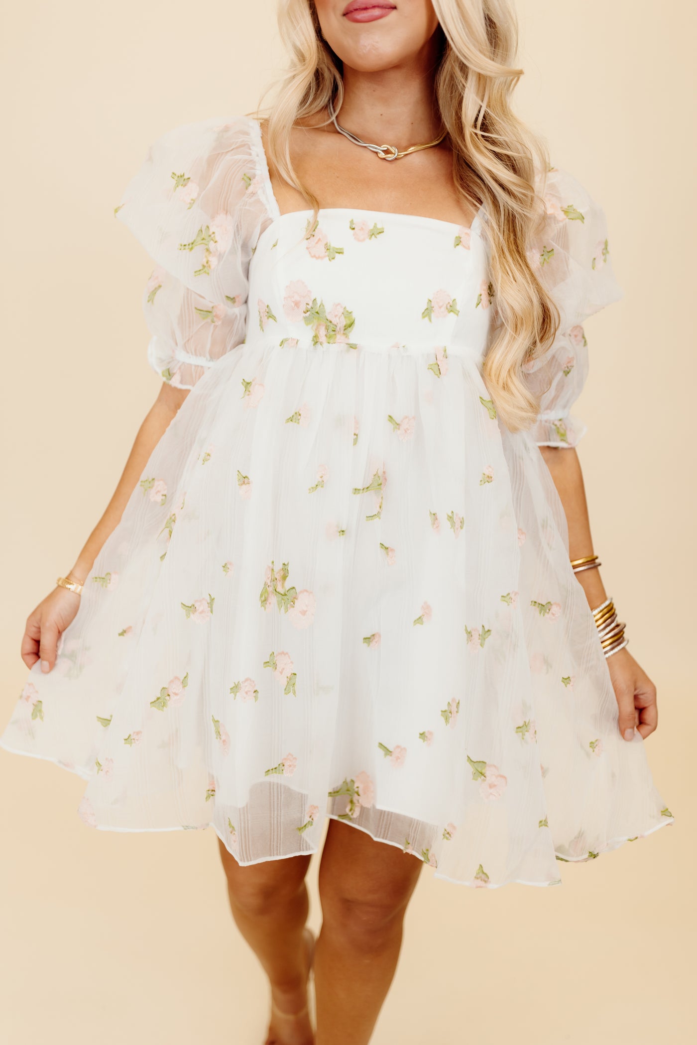 White and Pink Floral Embroidered Baby Doll Dress