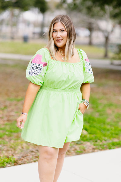 Lime Western Disco Ball Sequin Patch Skater Dress