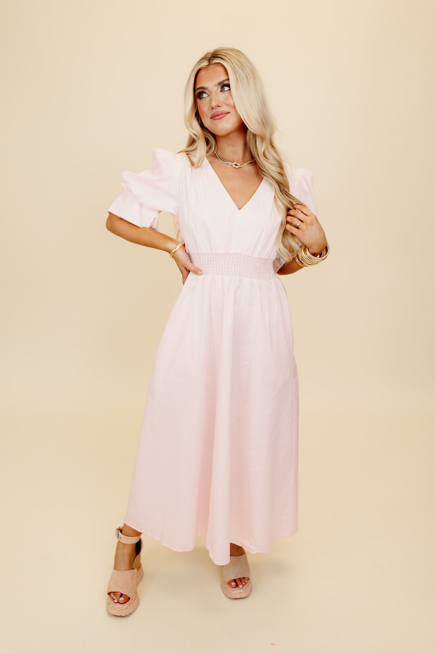 Karlie Blush Poplin V-Neck Maxi Dress