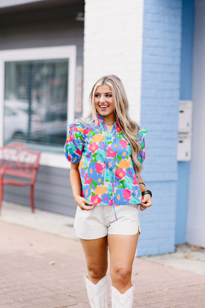 Blue Multi Floral Ruffle Puff Sleeve Top