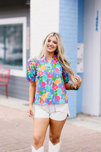 Blue Multi Floral Ruffle Puff Sleeve Top