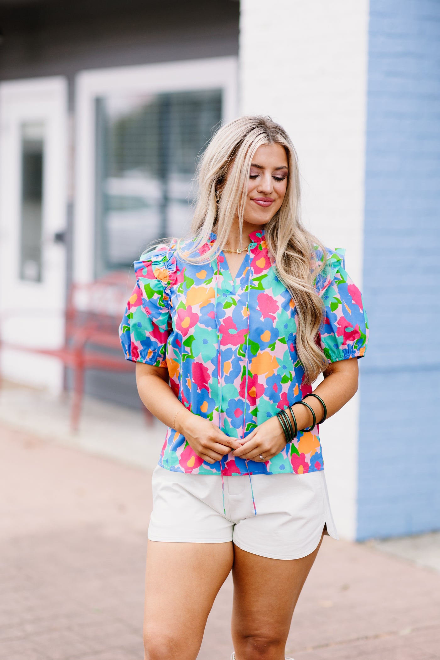 Blue Multi Floral Ruffle Puff Sleeve Top