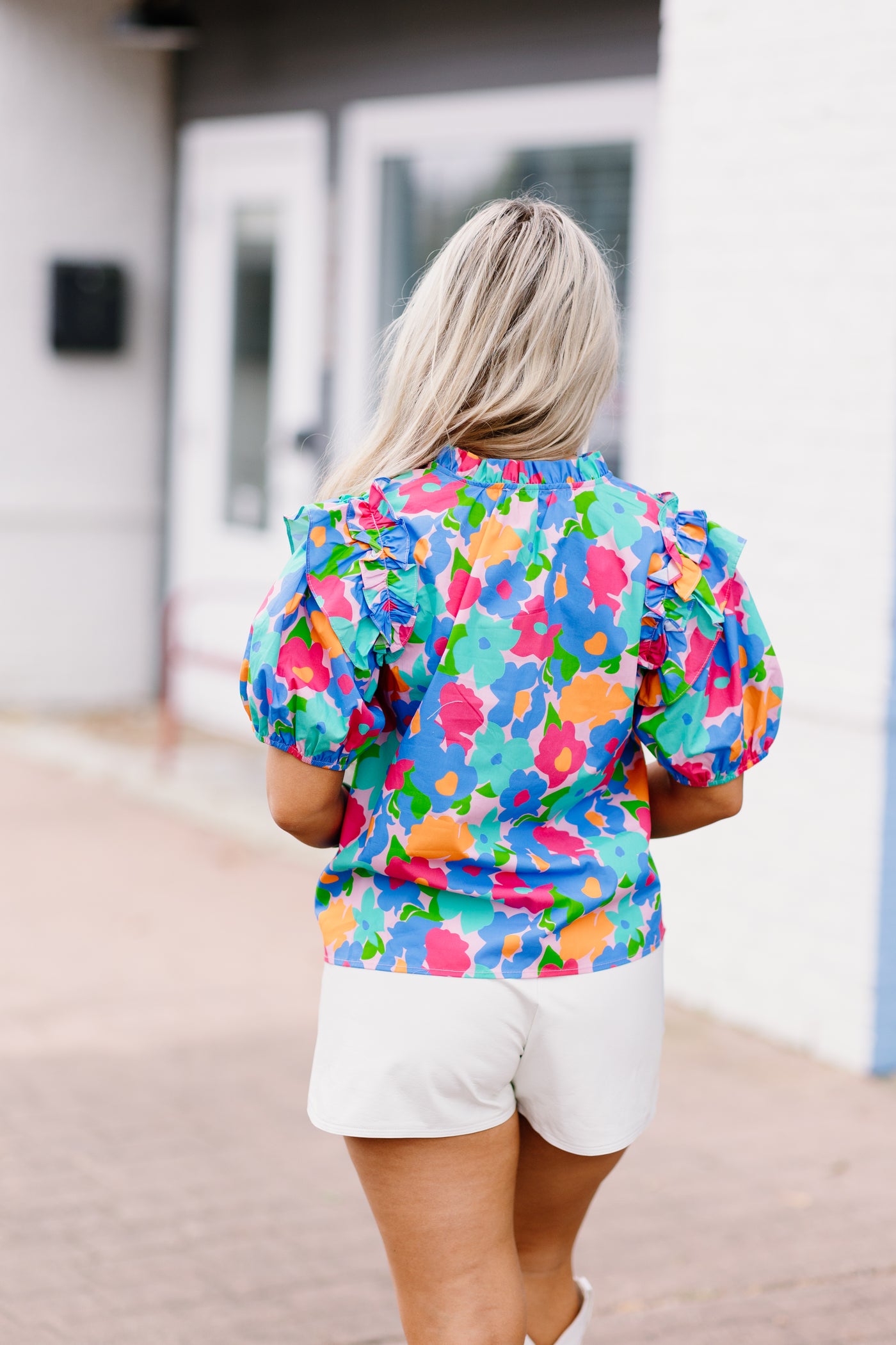 Blue Multi Floral Ruffle Puff Sleeve Top