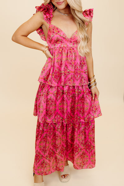 Karlie Pink Floral Satin Ruffle Tier Maxi Dress