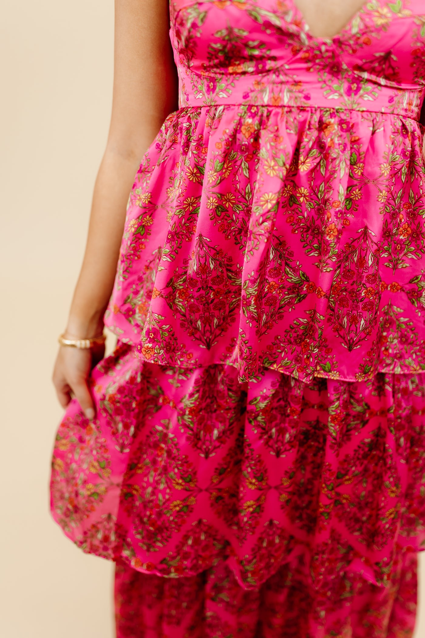 Karlie Pink Floral Satin Ruffle Tier Maxi Dress