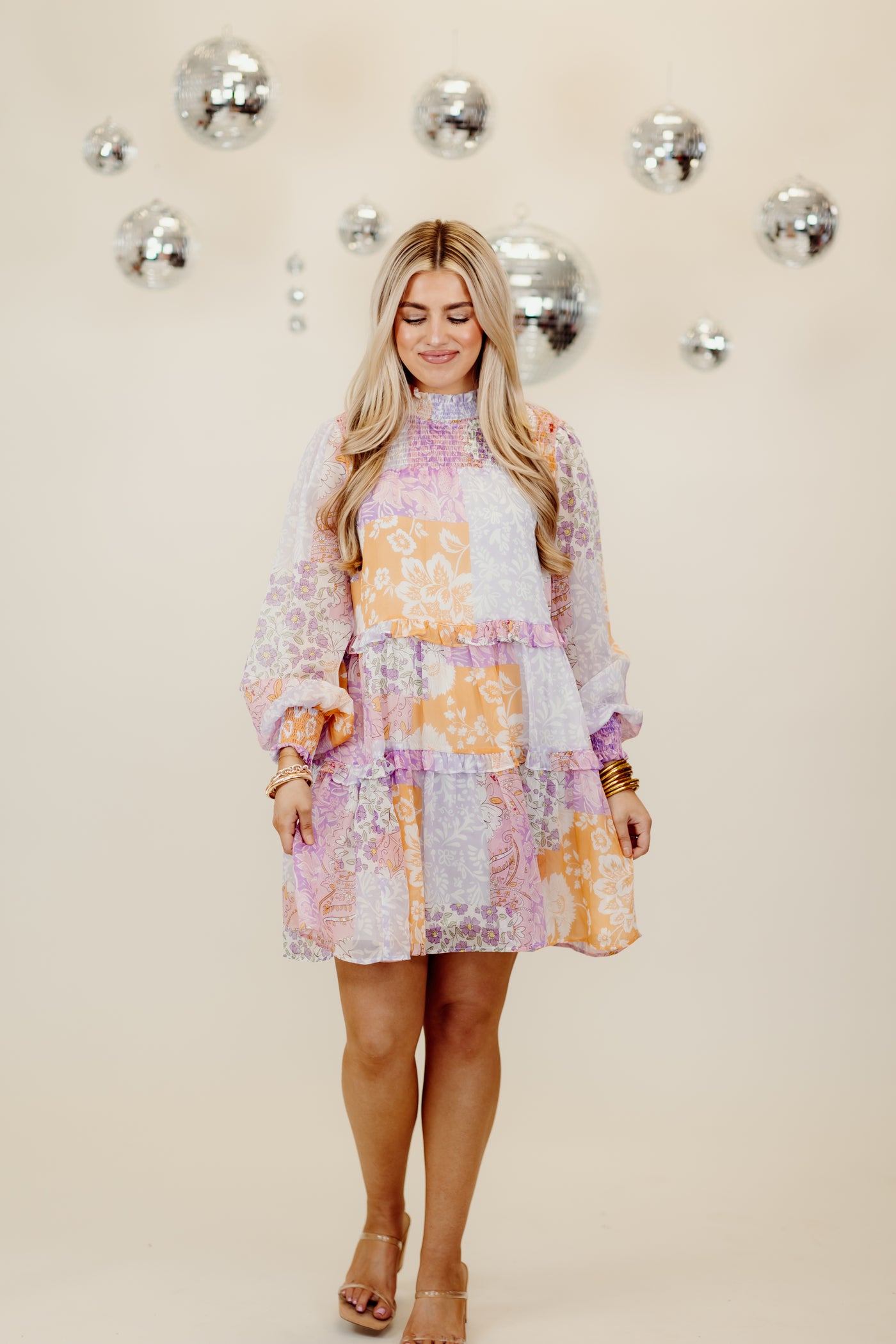 Lavender Multi Patchwork Mock Neck Tiered Dress