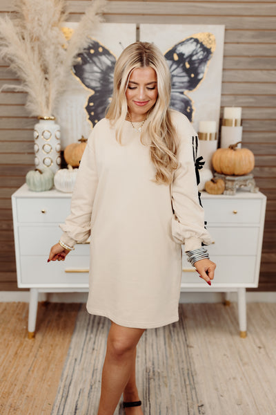 Taupe Bow Detail Long Sleeve Dress