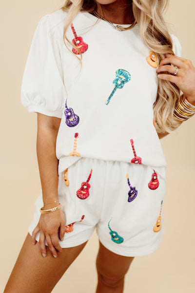 White Multicolor Guitar Sequin Embroidery Top and Short Set