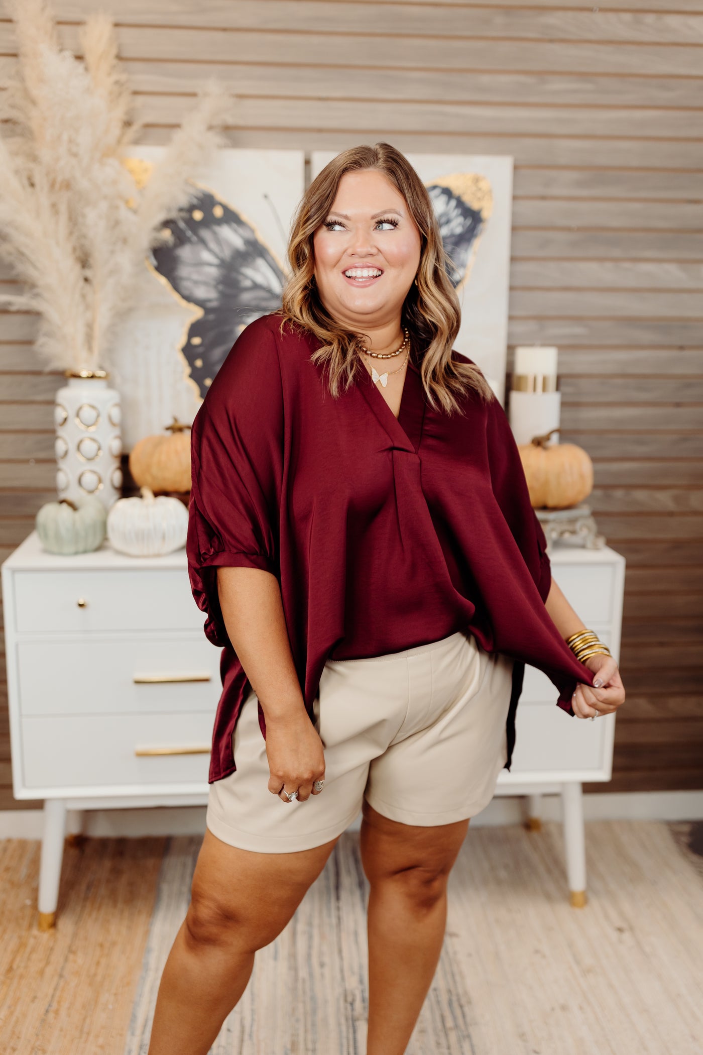 Burgundy Notch Neck Oversized Satin Blouse