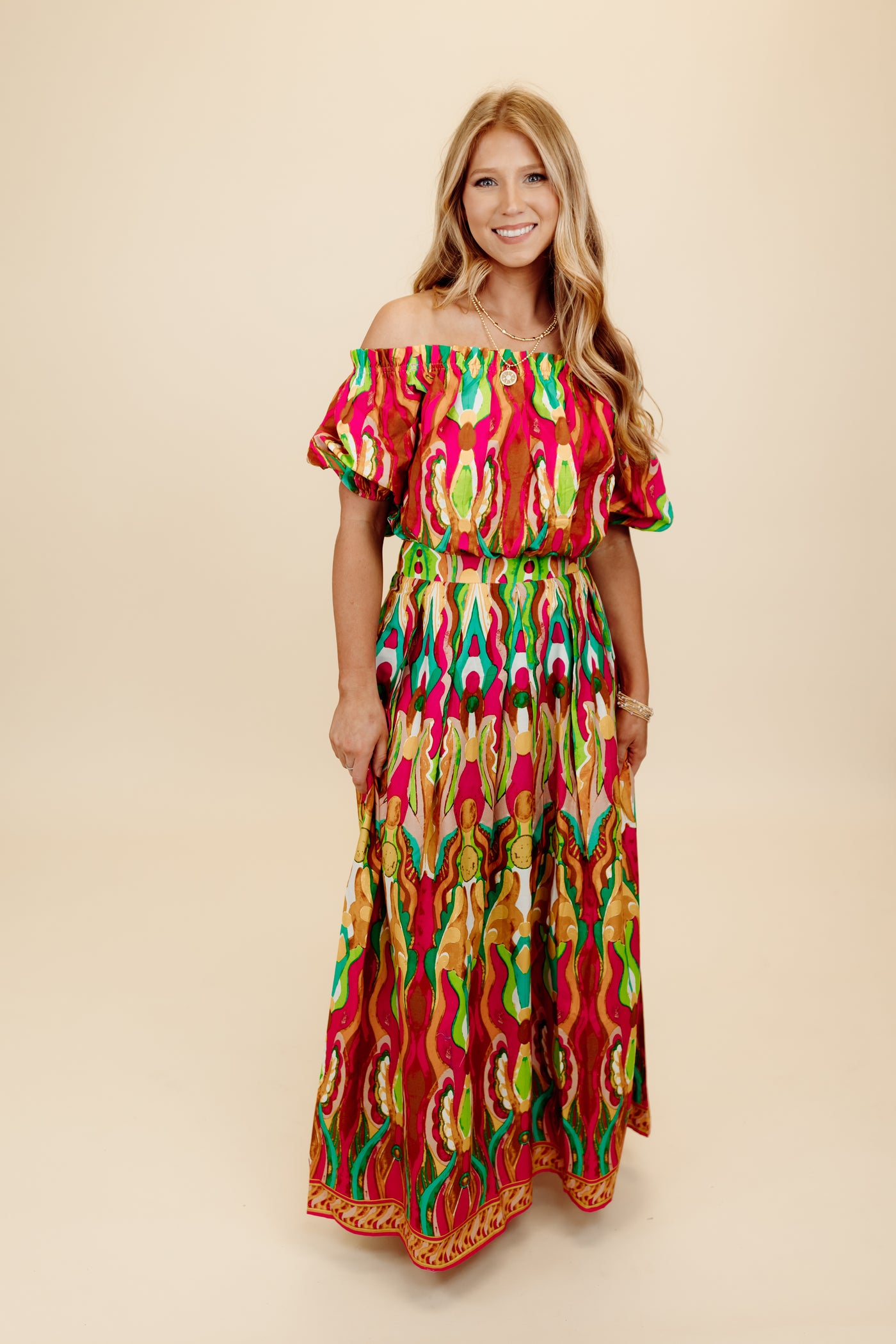 Fuchsia Mix Print Off Shoulder Top & Skirt Set